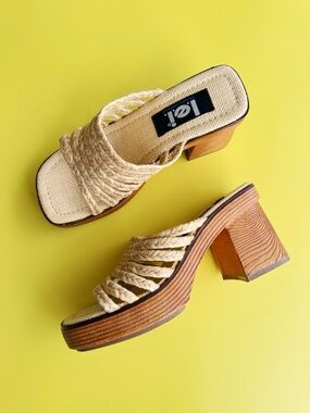 Sz 7 Vtg Y2K L.E.I. Raffia Braided Chunky Block Platform Sandals Boho Glam EUC